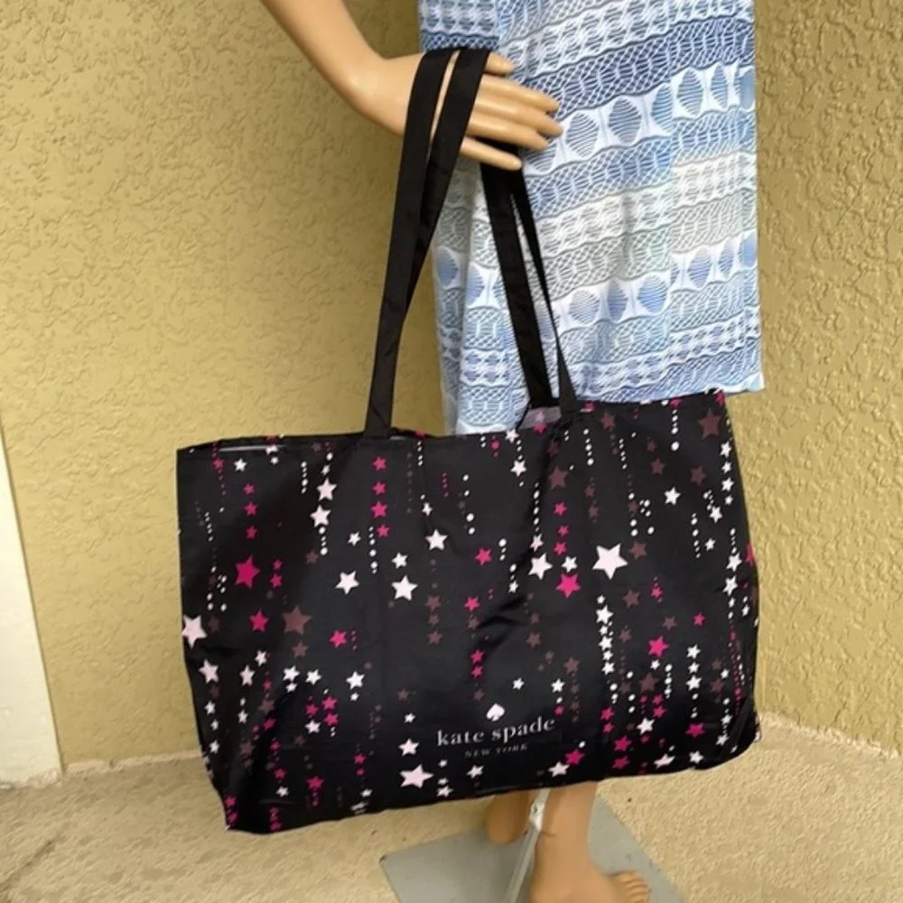 Kate Spade Black Multi Color with Light and Dark Pink Stars Canvas Tote XL Reusa - Picture 15 of 16